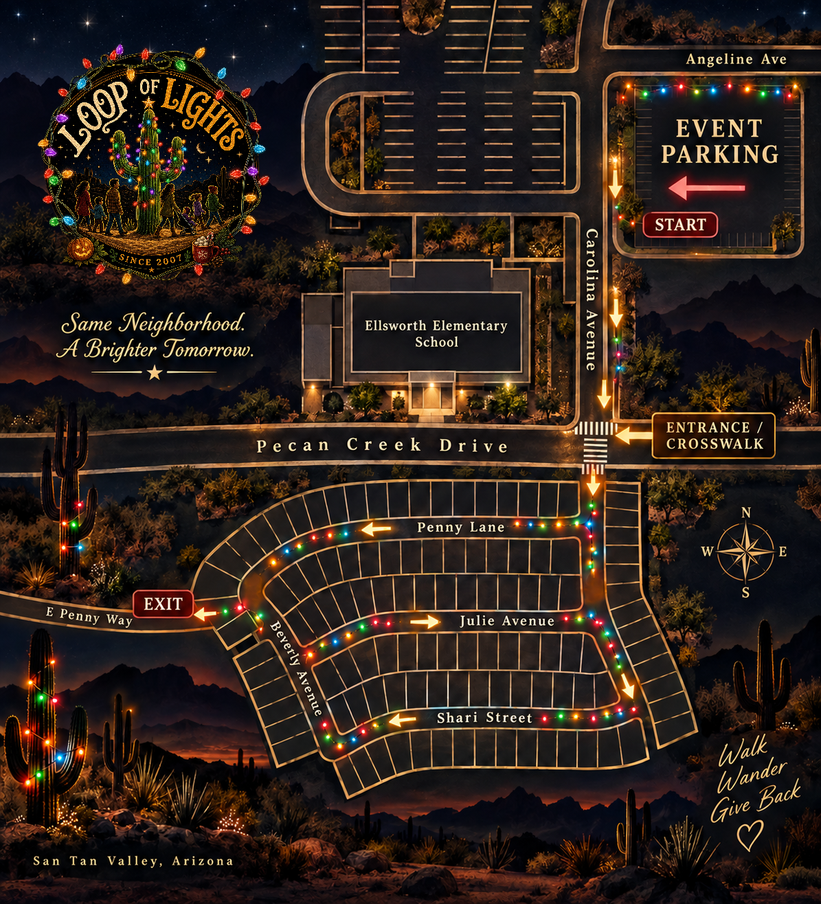 Loop of Lights walking map: park at Ellsworth Elementary, cross Pecan Creek Drive at Carolina Avenue, south on Carolina Avenue, west on Penny Lane, south on Beverly Avenue, east on Julie Avenue, south on Carolina Avenue, west on Shari Street, north on Beverly Avenue, west out E Penny Way